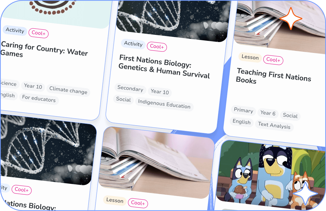 A grid of curriculum-aligned teaching resource cards spanning various subjects and year levels